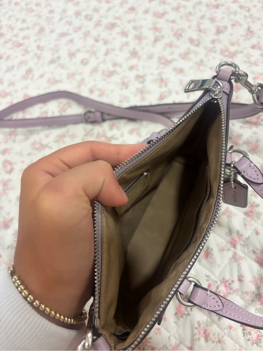 Coach Beige Signature Crossbody with Lavender Trim